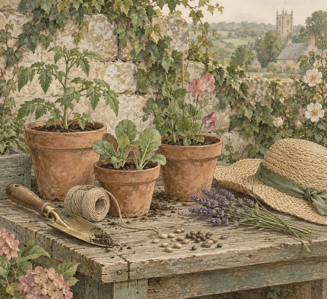 A gardener’s potting table with terracotta pots, lavender and a straw hat