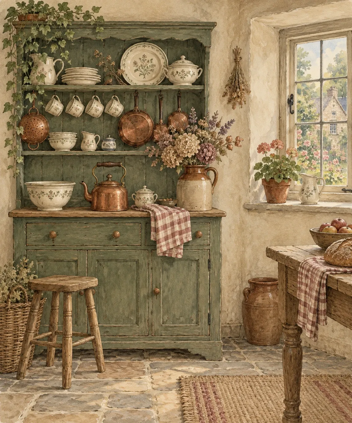 A cottage kitchen dresser with cream crockery and a copper kettle