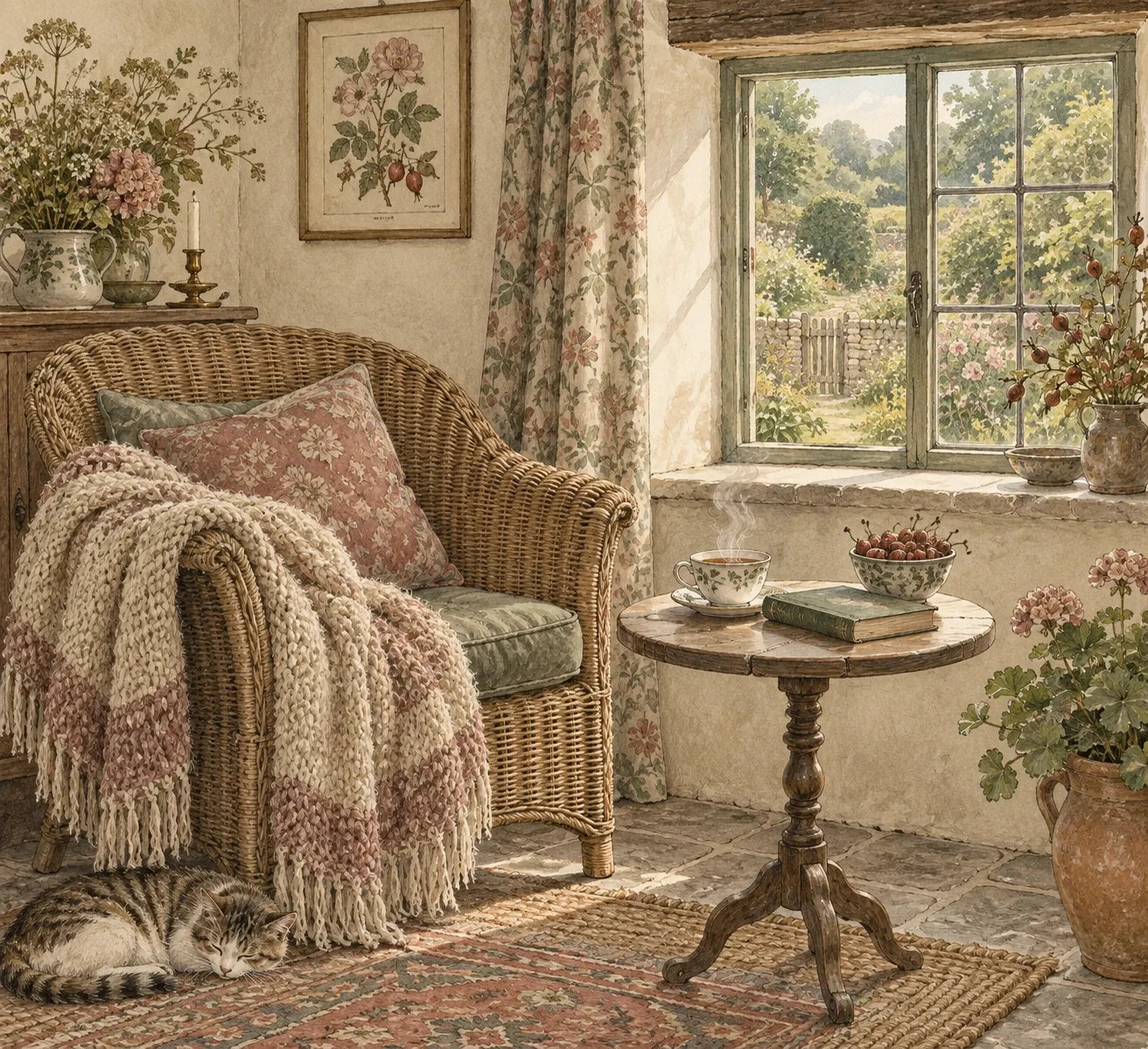 A reading corner with a wicker chair, a knitted throw and a cup of tea