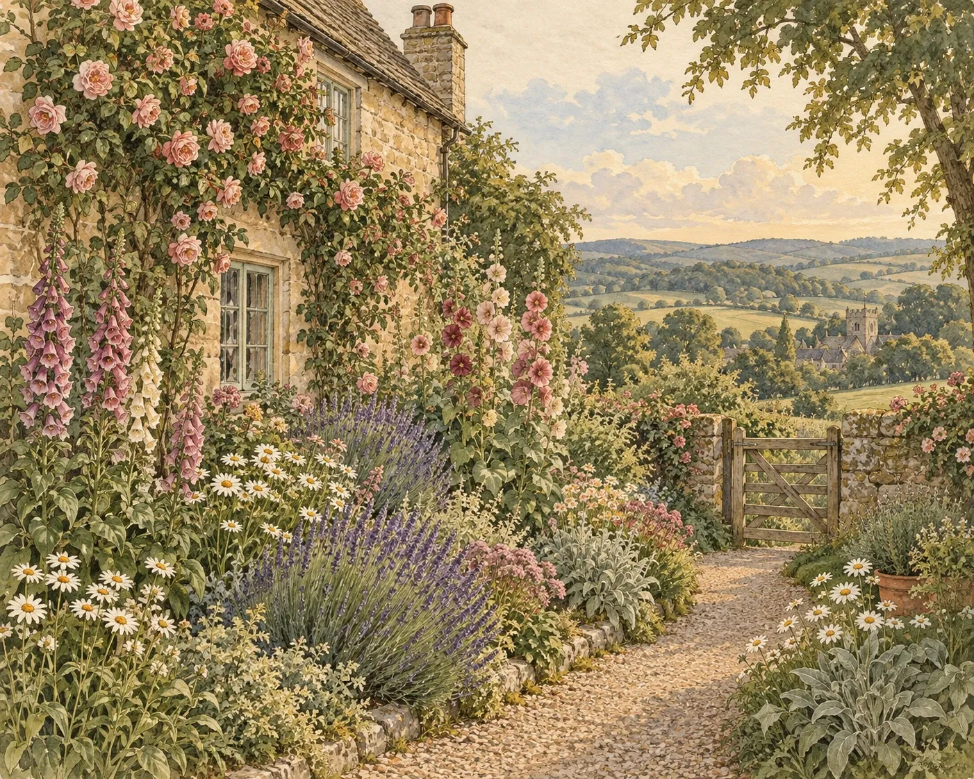 A midsummer cottage garden: stone walls, foxgloves, roses and a gravel path
